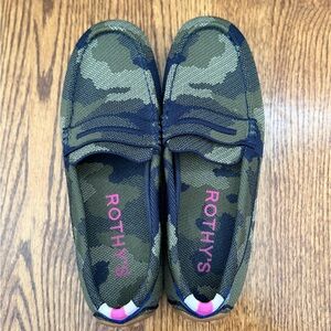 Rothy's Camo Green and Blue Moccasins with Pink Detail